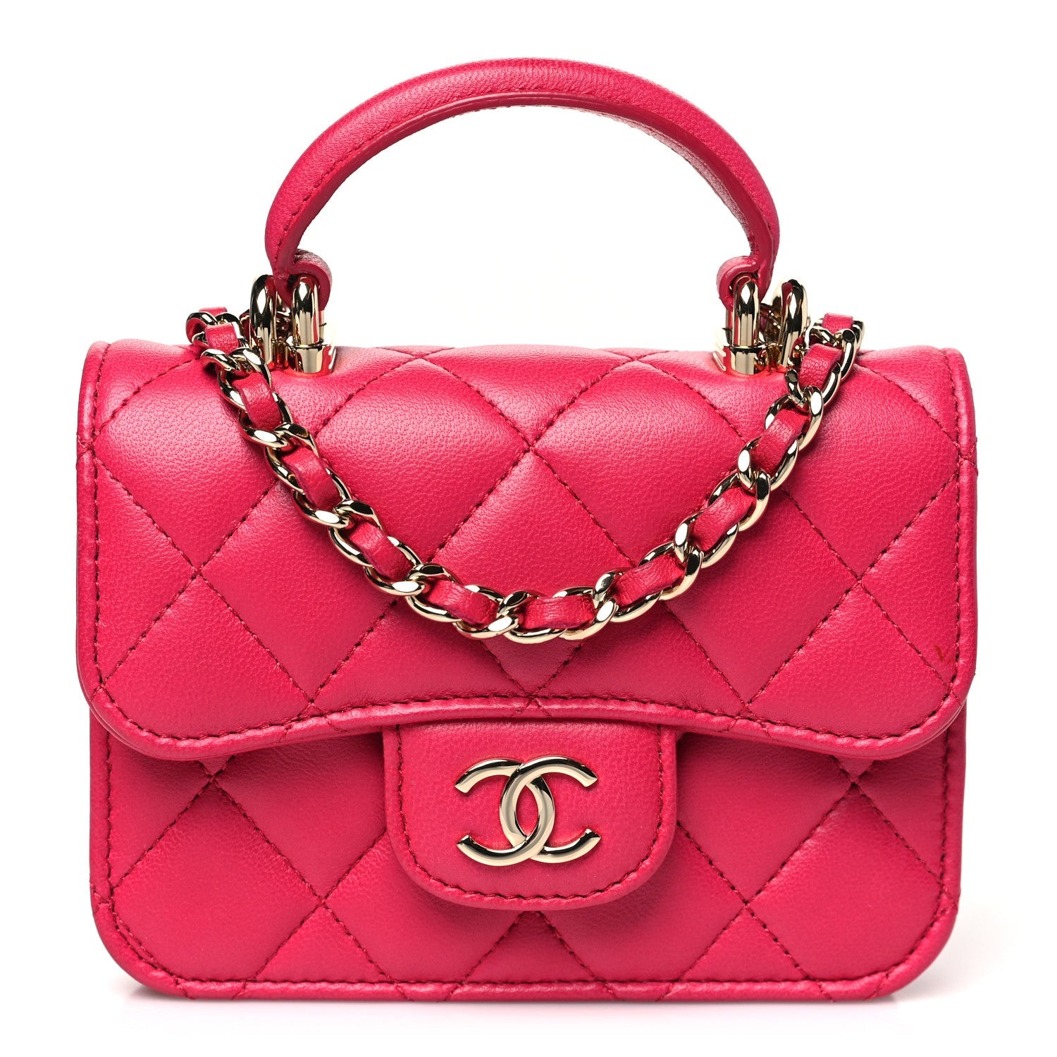 Lambskin Quilted Top Handle Flap Coin Purse With Chain Dark Pink