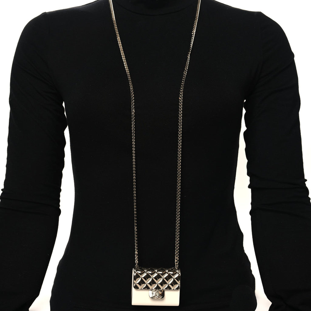 Metal Resin Flap Bag Long Necklace Gold White