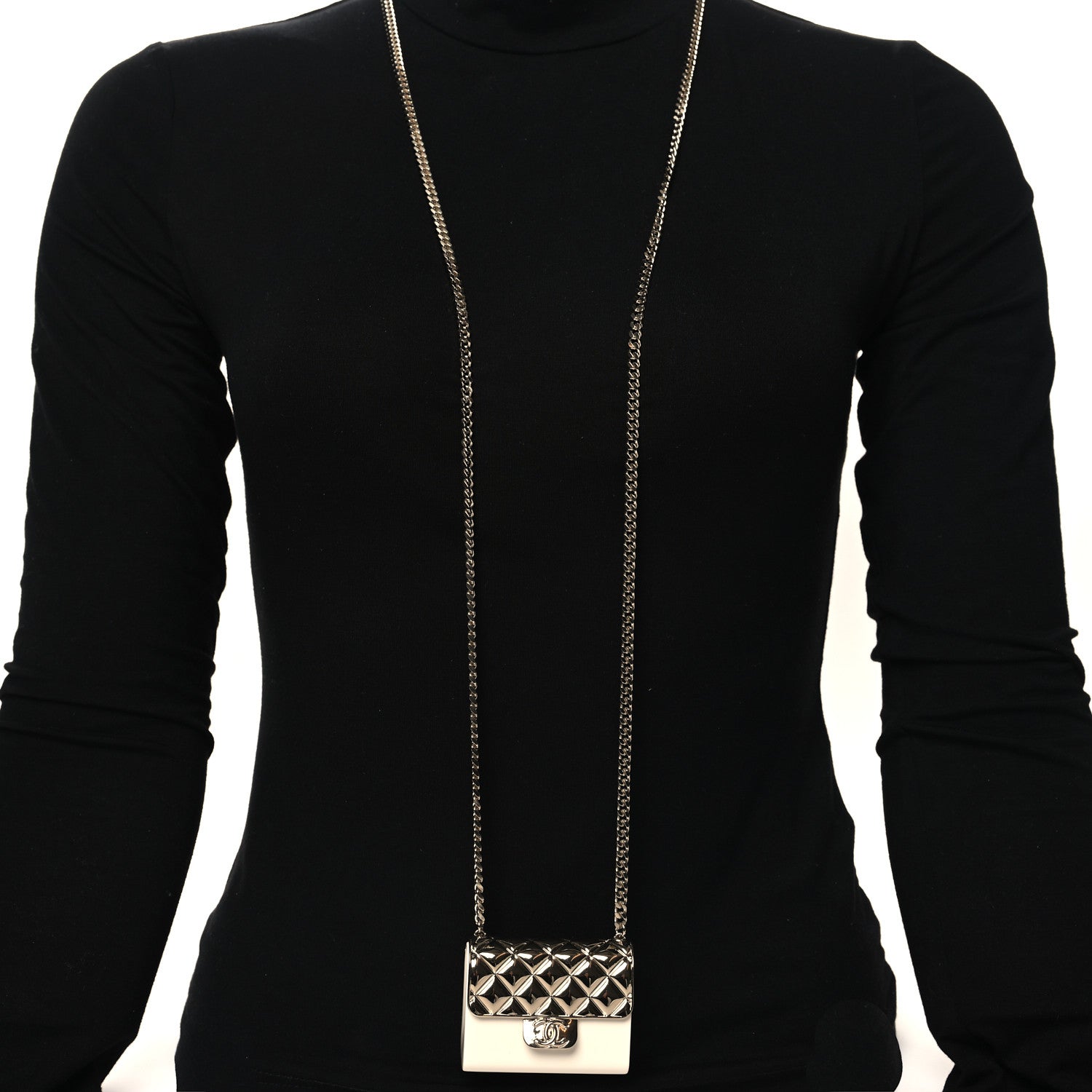 Metal Resin Flap Bag Long Necklace Gold White
