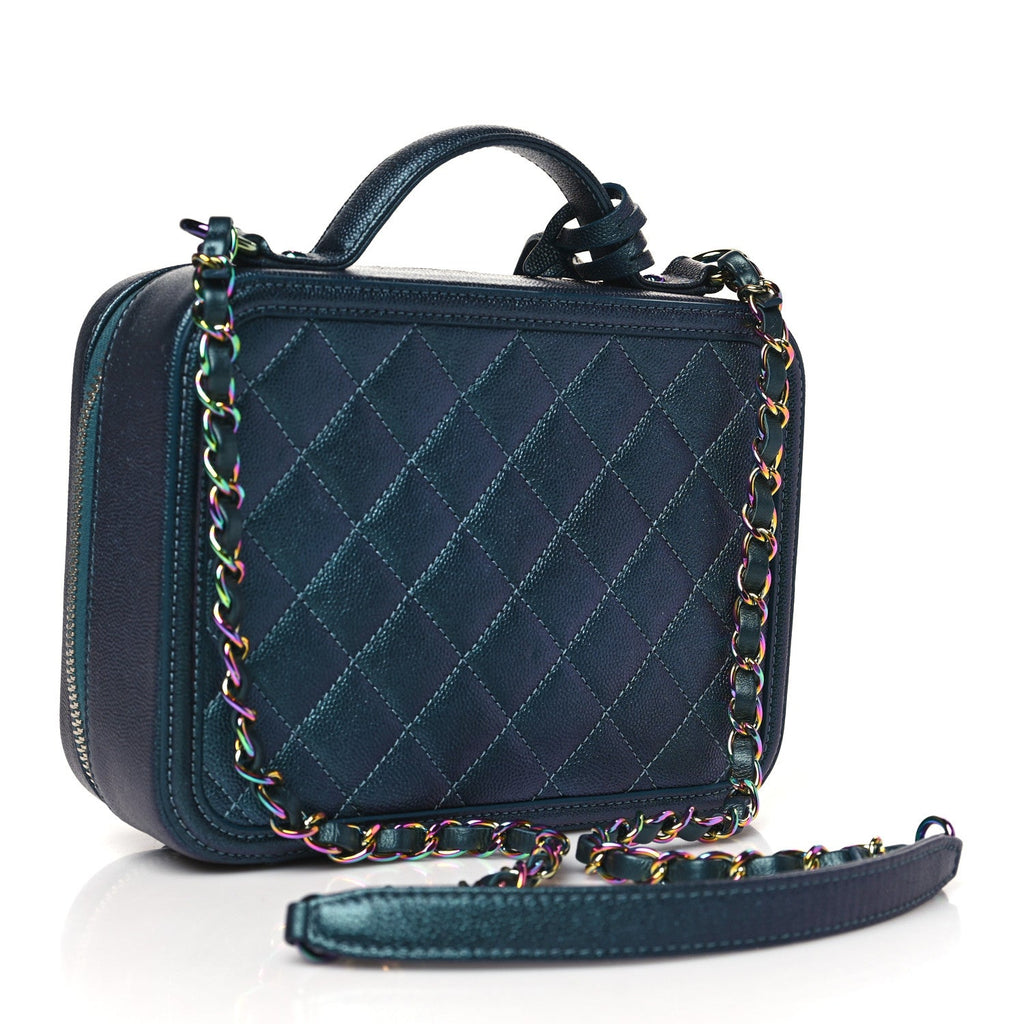 Iridescent Caviar Quilted Medium CC Filigree Vanity Case Dark Turquoise