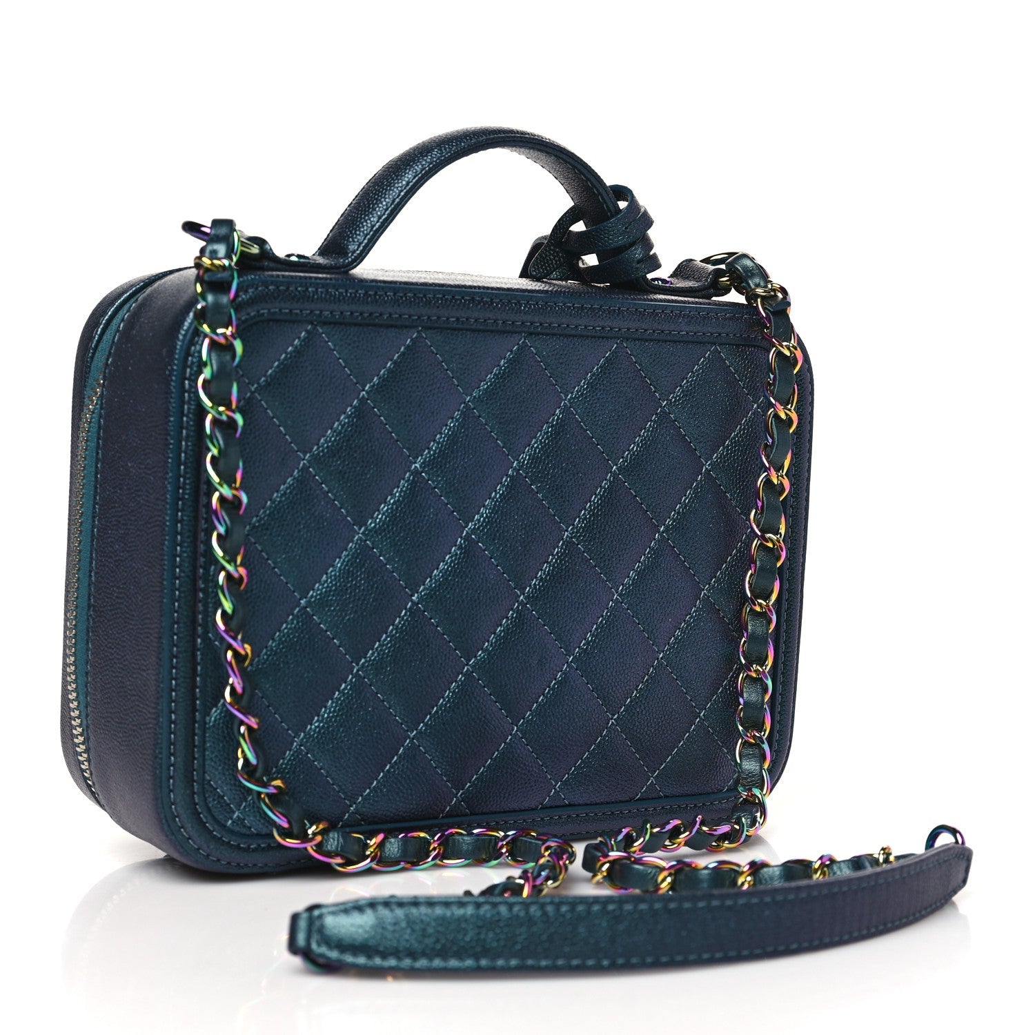 Iridescent Caviar Quilted Medium CC Filigree Vanity Case Dark Turquoise