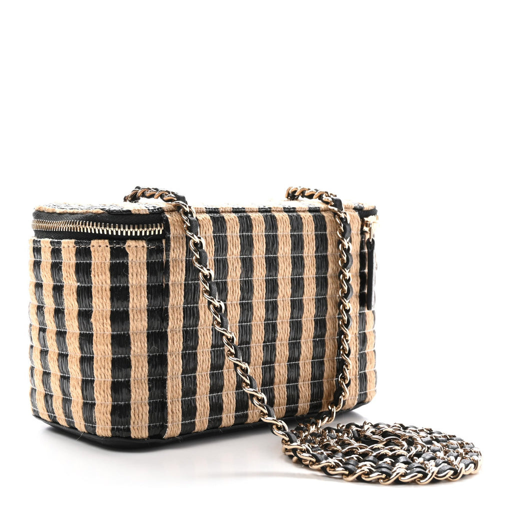 Raffia Jute Striped Small Vanity Case With Chain Black Beige
