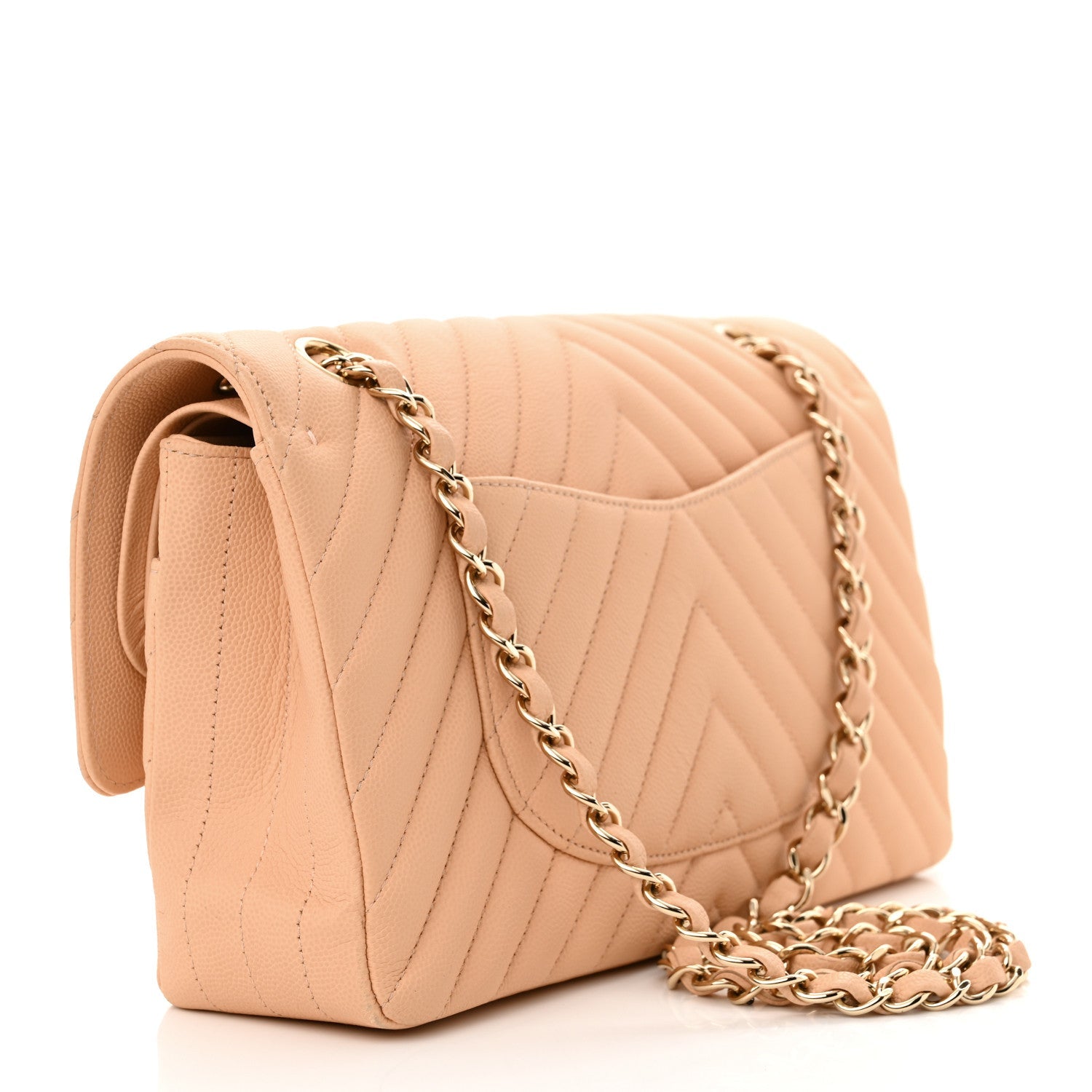 Caviar Chevron Quilted Medium Double Flap Beige
