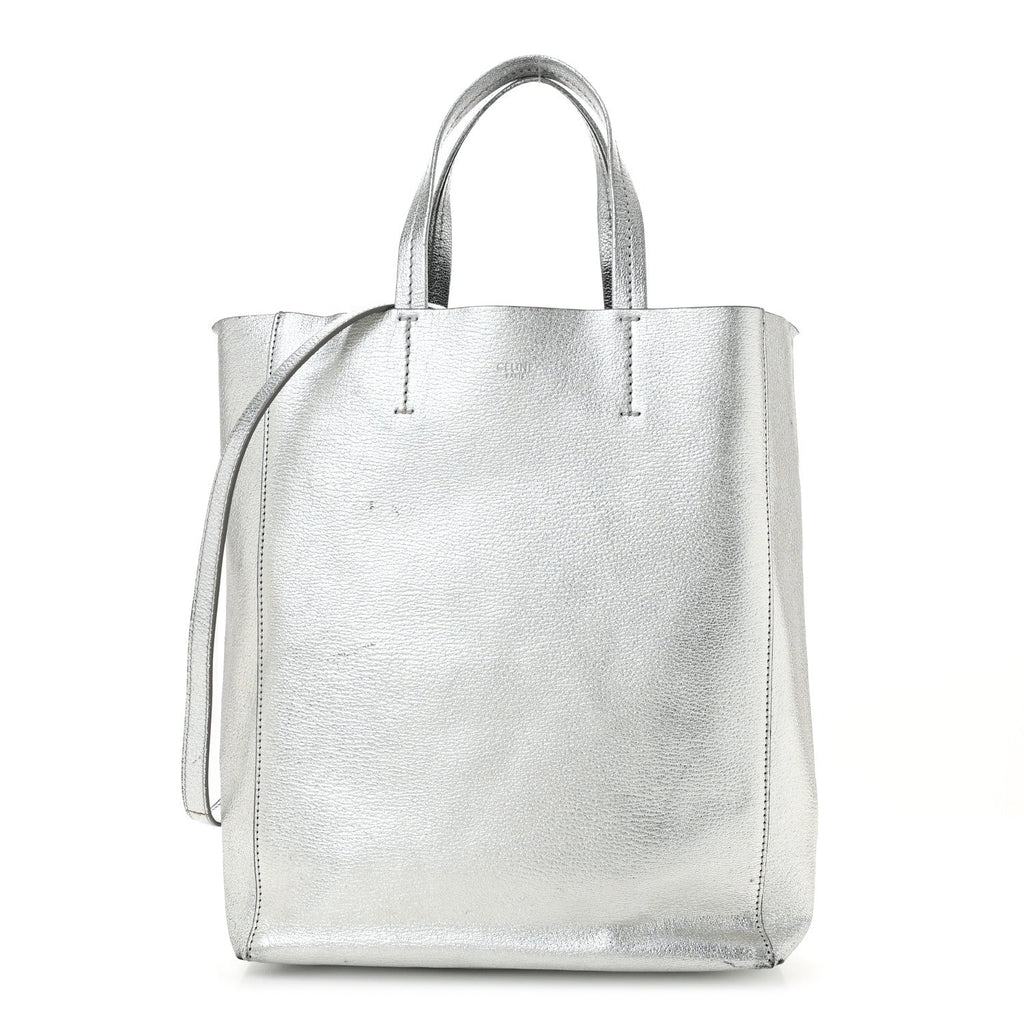 Metallic Grained Calfskin Small Vertical Cabas Silver