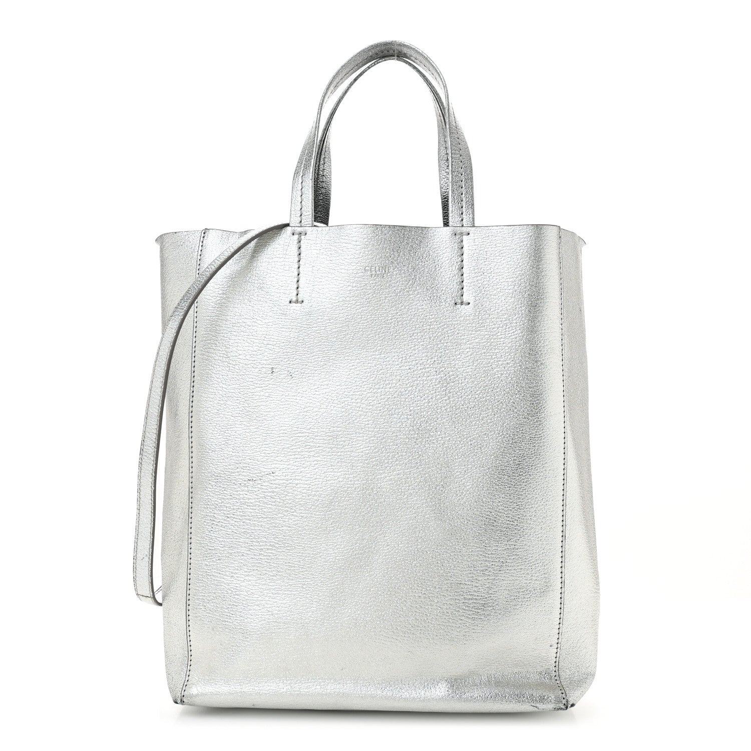 Metallic Grained Calfskin Small Vertical Cabas Silver