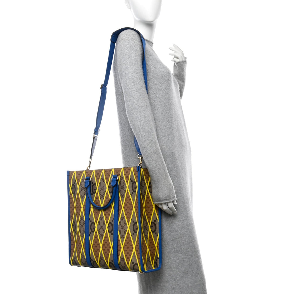 GG Supreme Monogram Mix Textured Dollar Calfskin Rhombus Inlay Large Tote Bag Beige Ebony Harvest Joy Blue