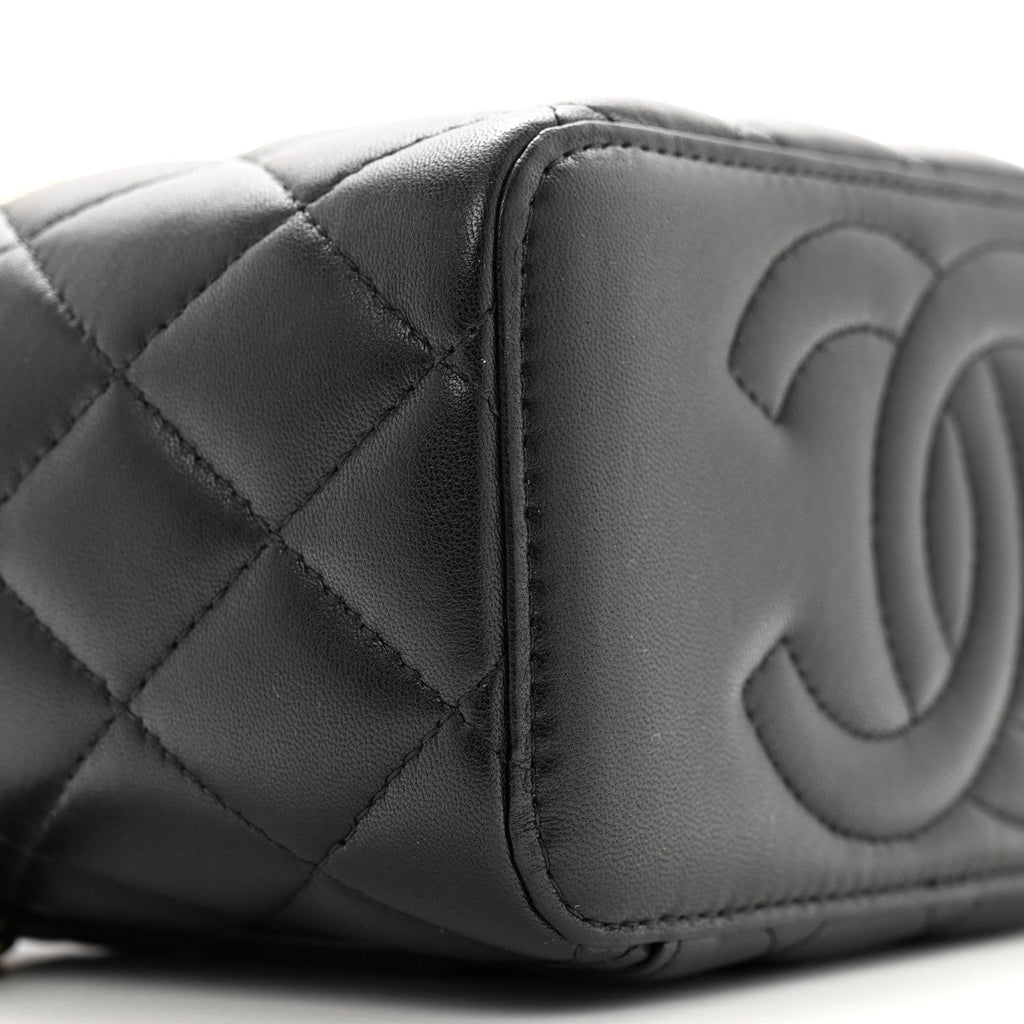 Lambskin Quilted Metal Small Top Handle Vanity Case With Chain Black