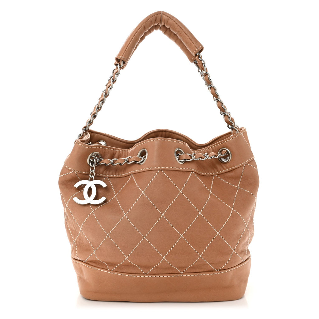 Lambskin Contrast Stitch Small Drawstring Tote Dark Beige