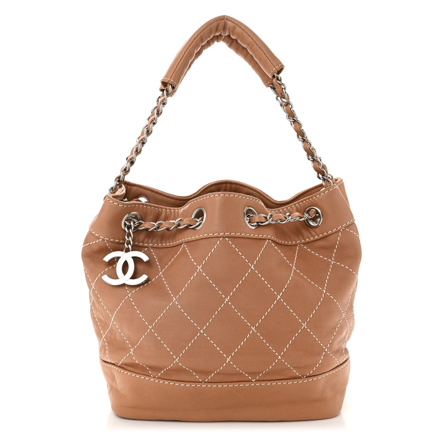 Lambskin Contrast Stitch Small Drawstring Tote Dark Beige