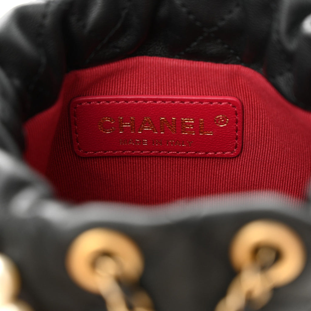 Calfskin Quilted Pearl Mini About Pearls Drawstring Bucket Bag Black