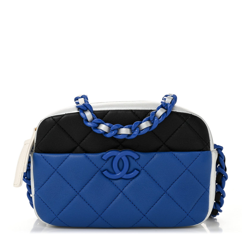Shiny Lambskin Monochrome Chain Mini Camera Case Bag Blue Black Silver