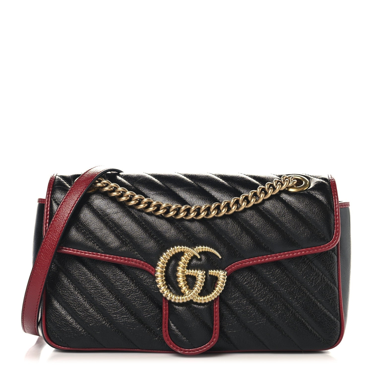 Vintage Effect Calfskin Matelasse Diagonal Small Torchon GG Marmont Shoulder Bag Black Romantic Cherry