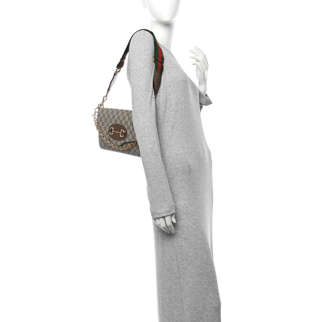 GG Supreme Monogram Azalea Calfskin Web Small Horsebit 1955 Crossbody Bag Beige Ebony Brown Sugar