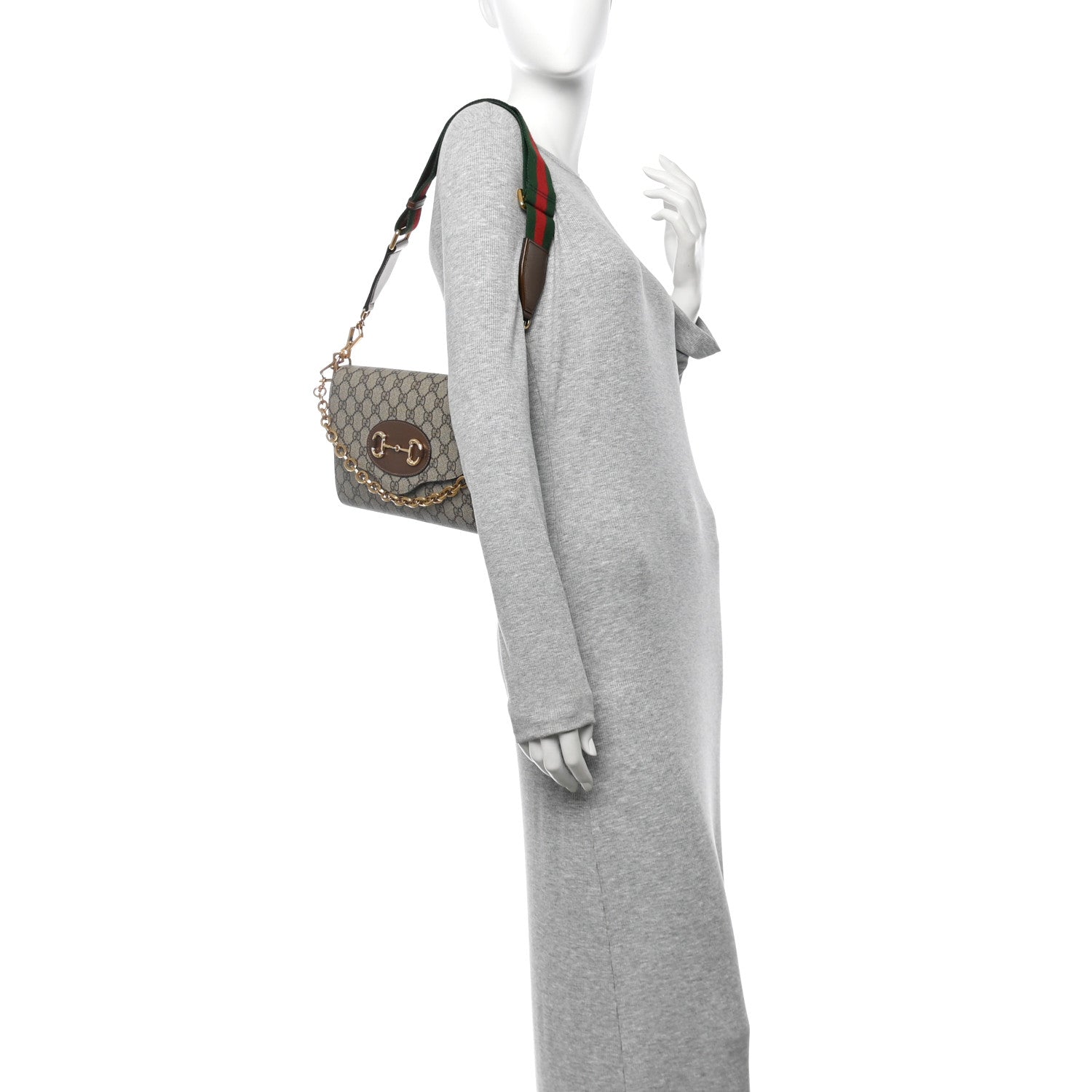 GG Supreme Monogram Azalea Calfskin Web Small Horsebit 1955 Crossbody Bag Beige Ebony Brown Sugar