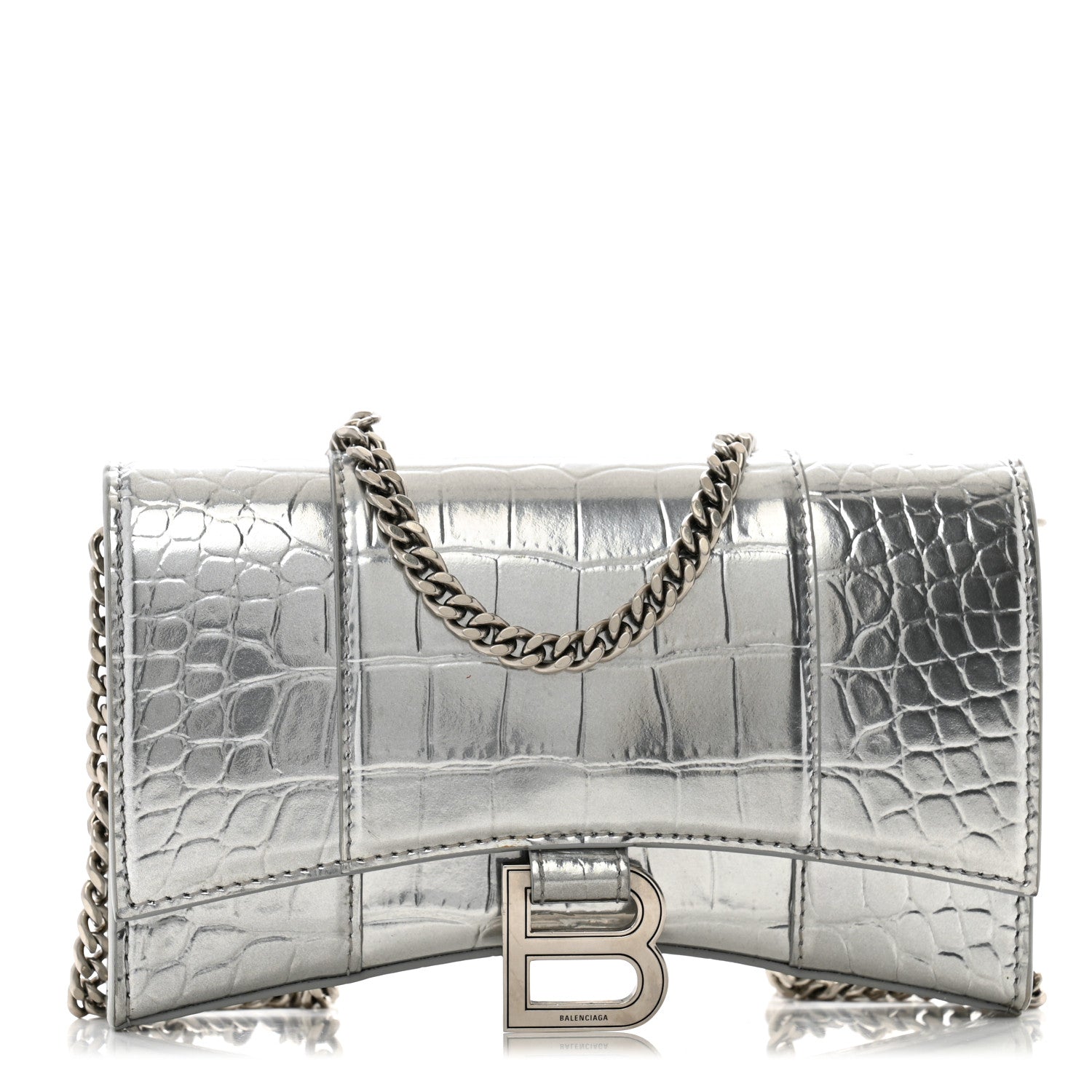 Shiny Calfskin Crocodile Embossed Hourglass Chain Bag Silver