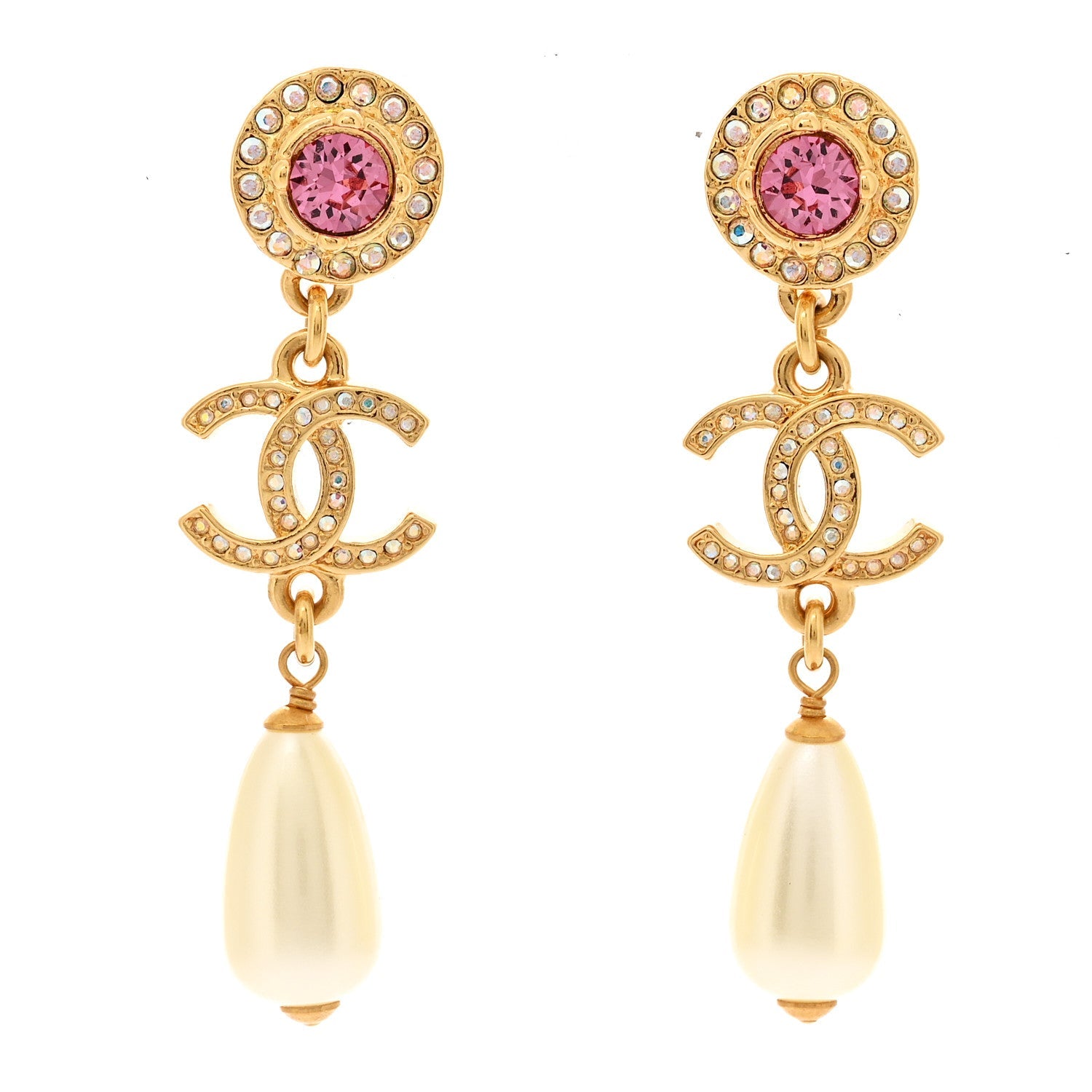Metal Crystal Pearl CC Drop Earrings Gold Pink White