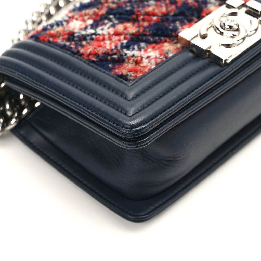 Lambskin Tweed Chevron Small Boy Flap Navy Blue