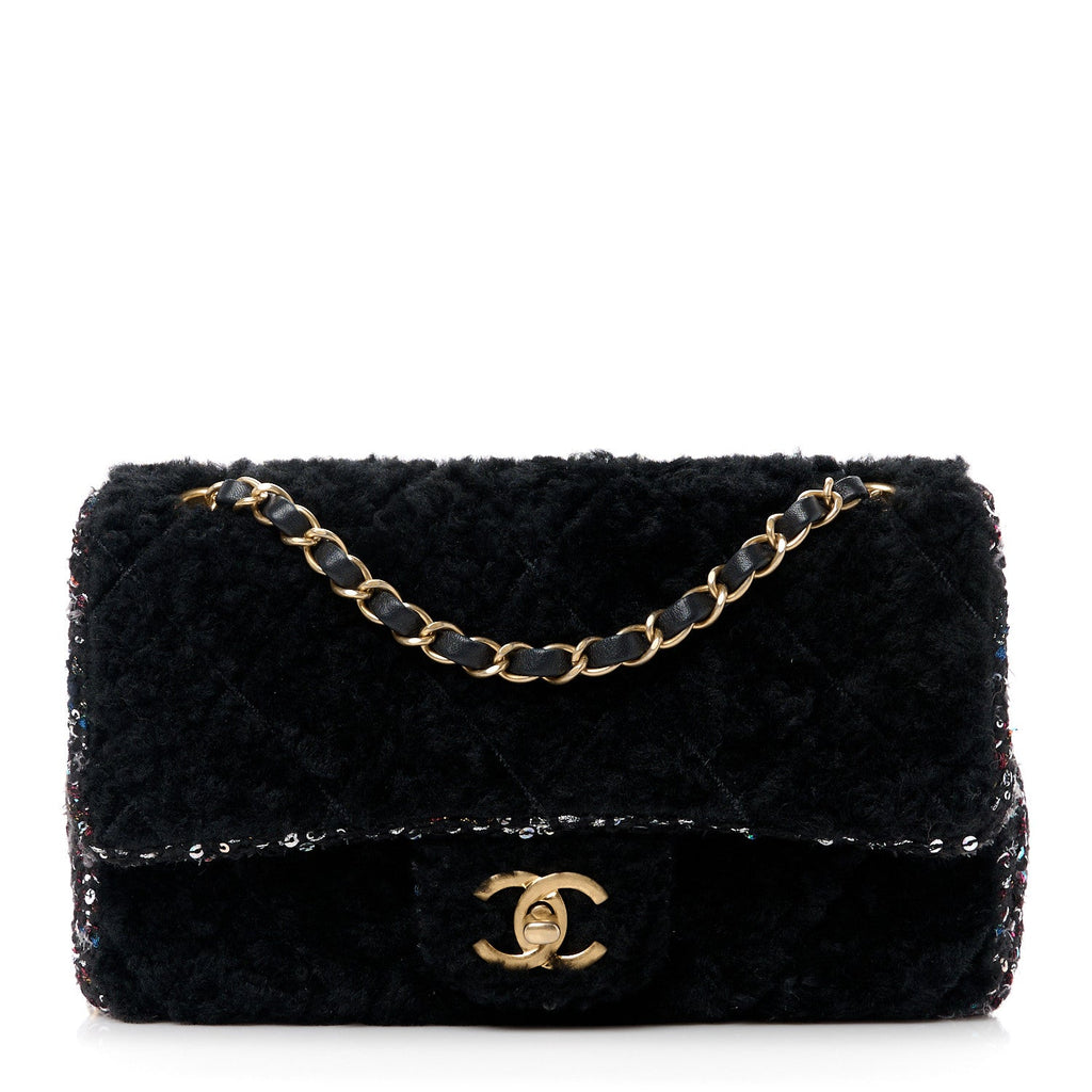 Shearling Sheepskin Tweed Quilted Single Flap Black