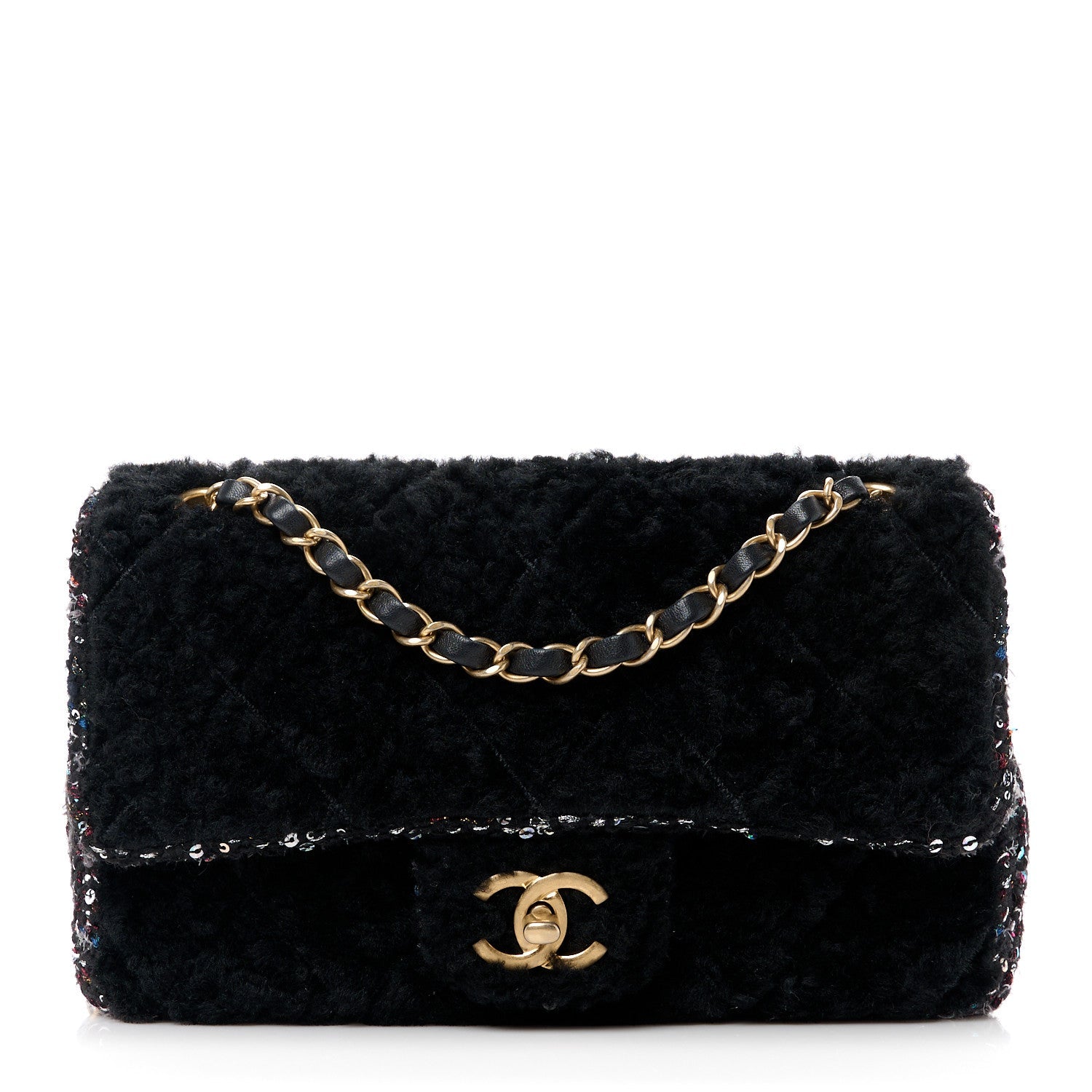 Shearling Sheepskin Tweed Quilted Single Flap Black