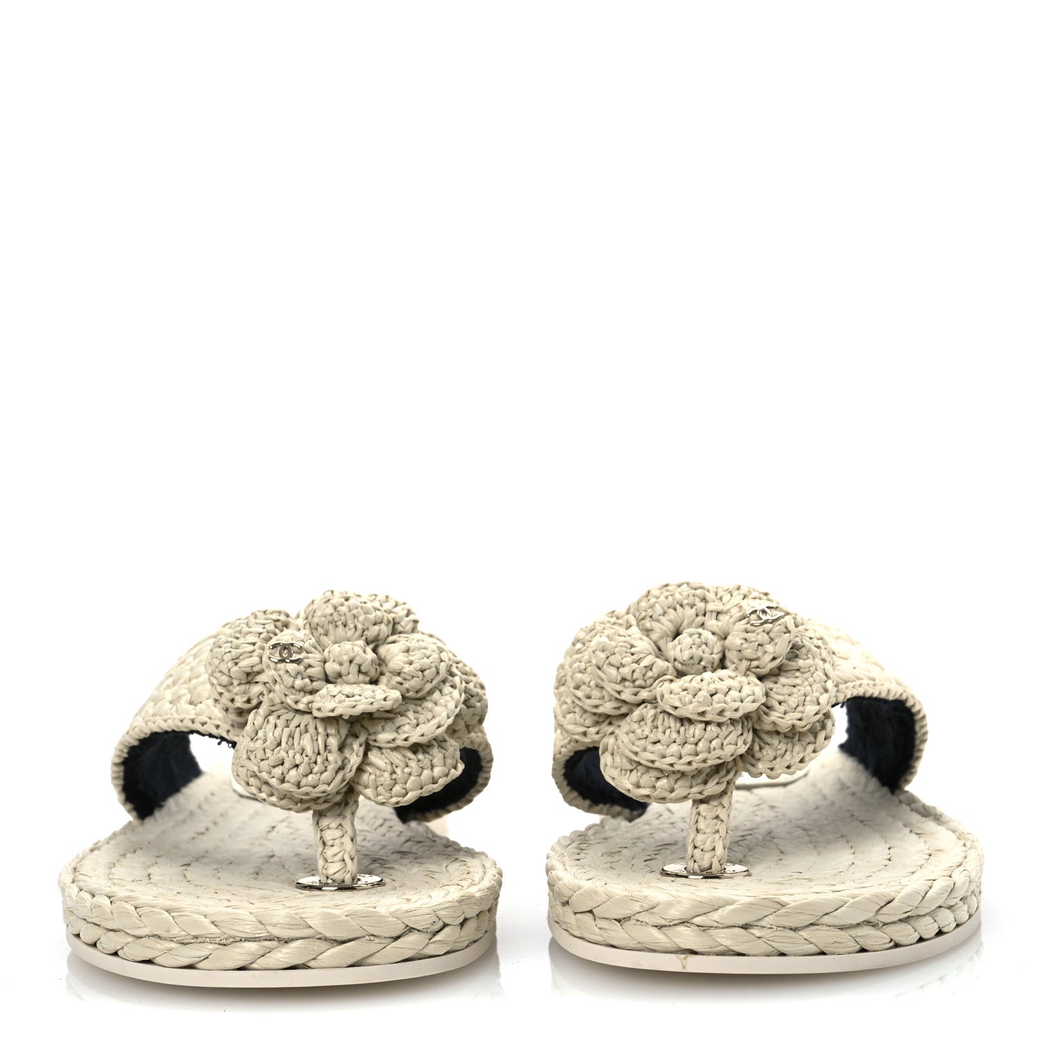 Raffia Camellia Flower Thong Sandals 38.5 Ivory