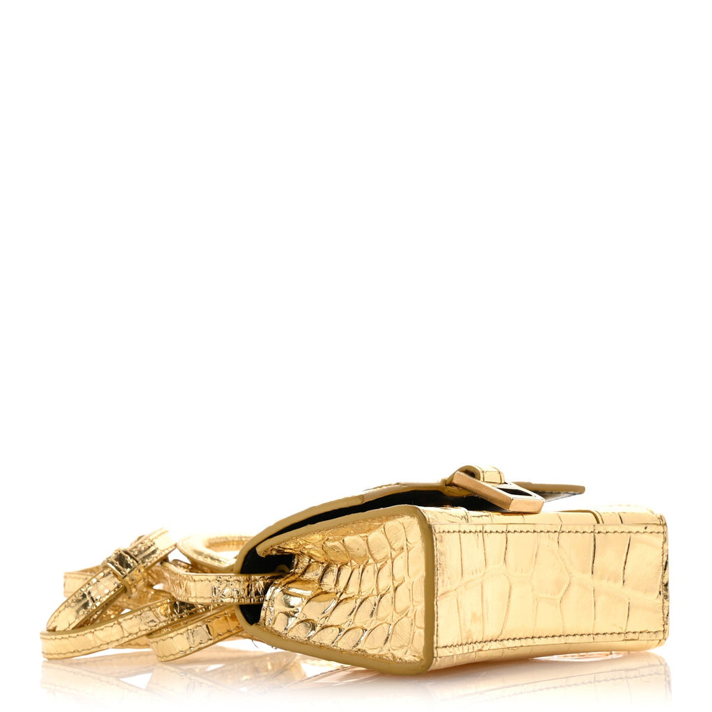Metallic Calfskin Crocodile Embossed Hourglass Top Handle Bag Mini Gold