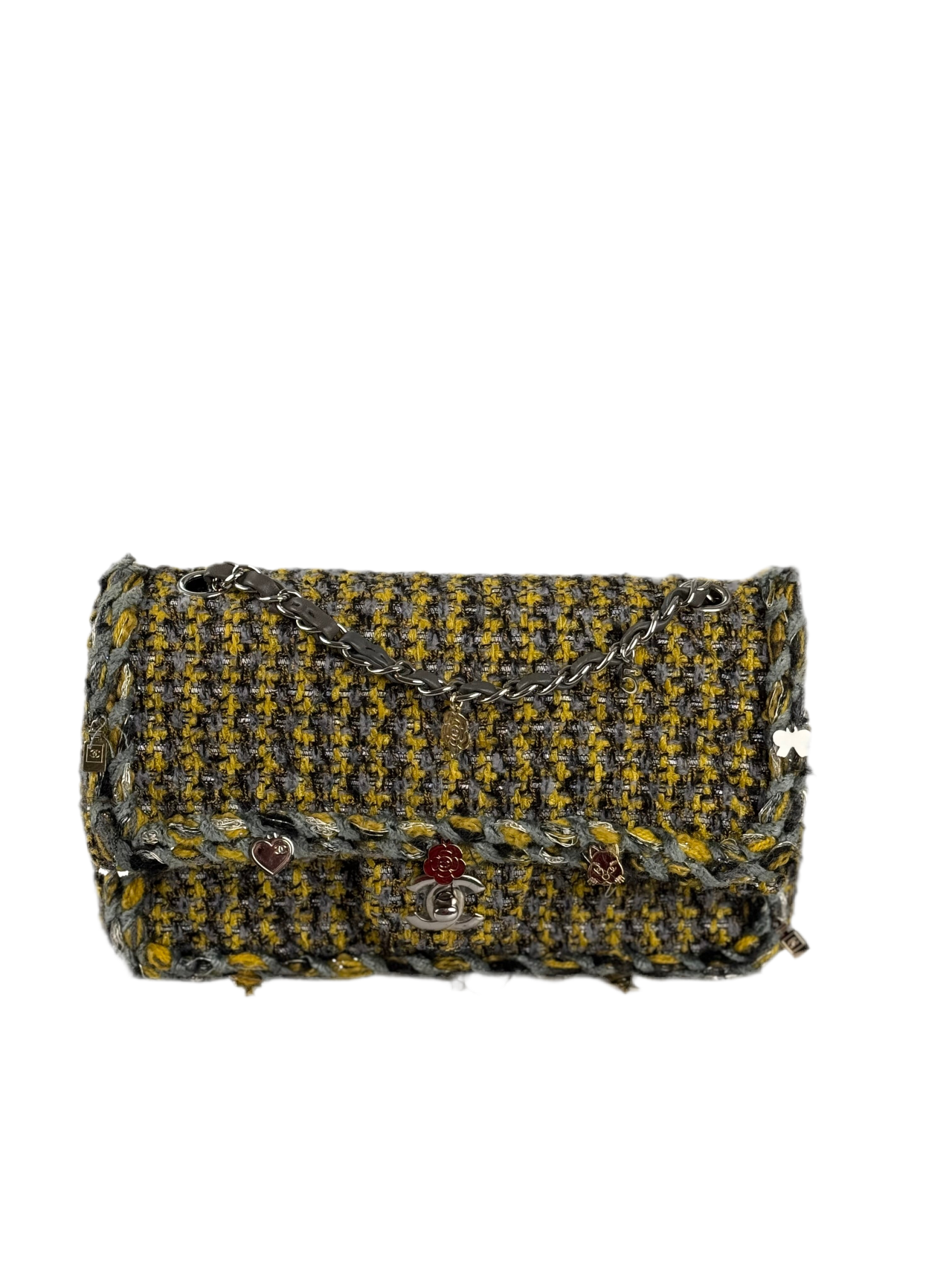 Chanel Tweed Braided Charms Medium Flap Bag Yellow Grey Black
