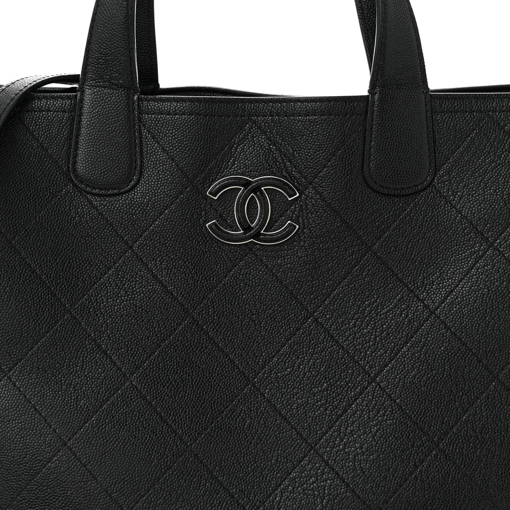 Caviar Stitched Medium Lady Coco Shopping Tote Black