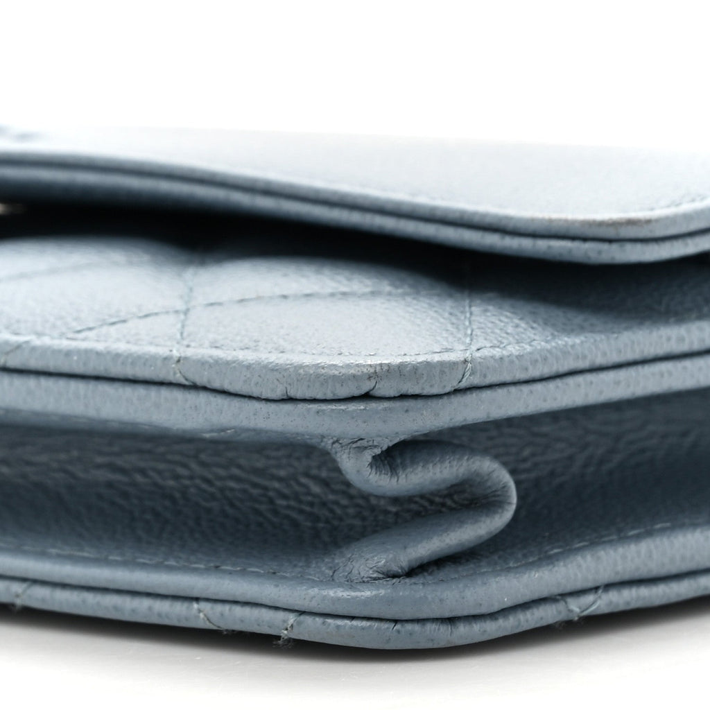 Grained Calfskin Quilted CC Box Wallet On Chain WOC Blue