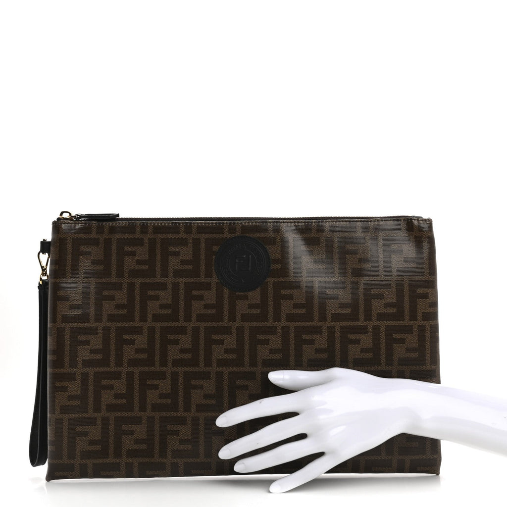 Glazed Fabric Vitello Century FF 1974 Stamp Patch Large Flat Pouch Mogano Panna Black