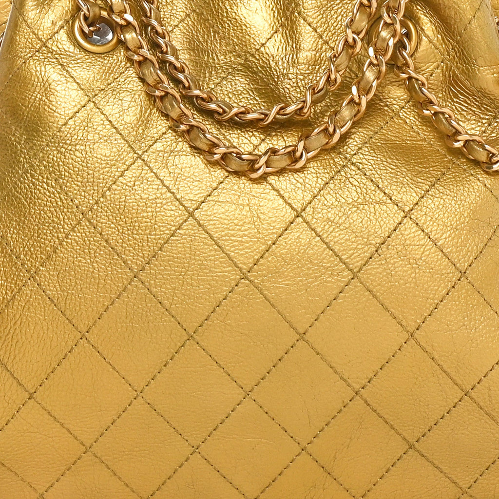 Metallic Calfskin Quilted Small Drawstring Bag Gold