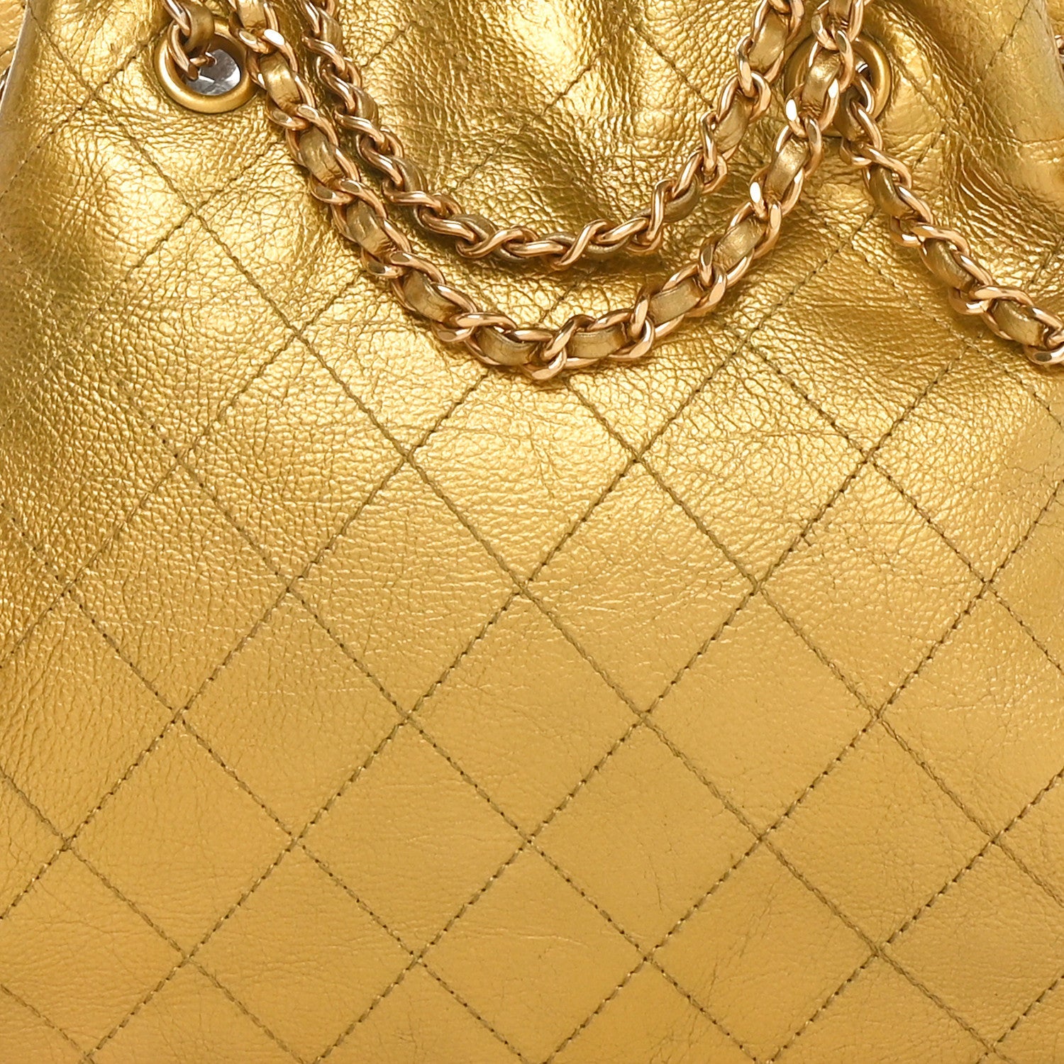 Metallic Calfskin Quilted Small Drawstring Bag Gold