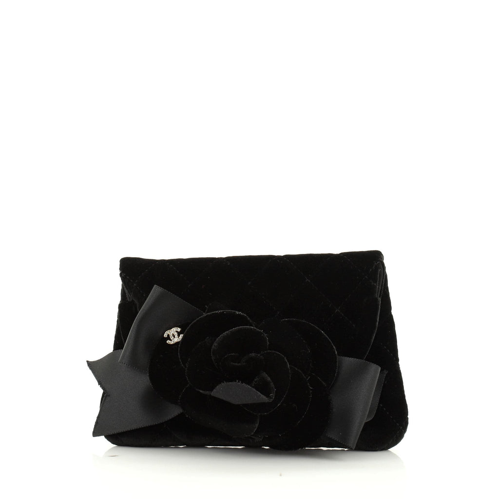 Vintage Camellia Chain Flap Evening Bag Quilted Velvet Mini