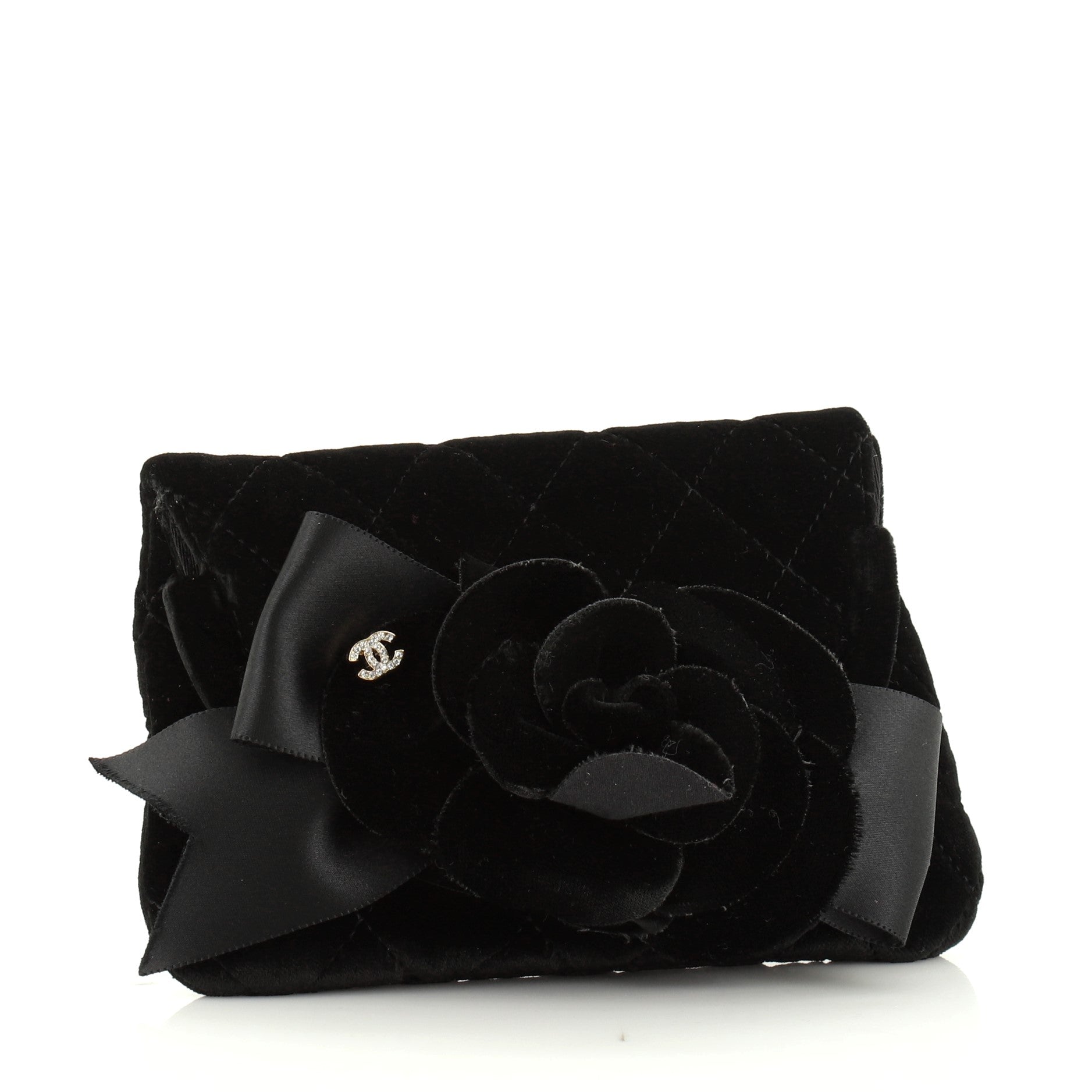 Vintage Camellia Chain Flap Evening Bag Quilted Velvet Mini