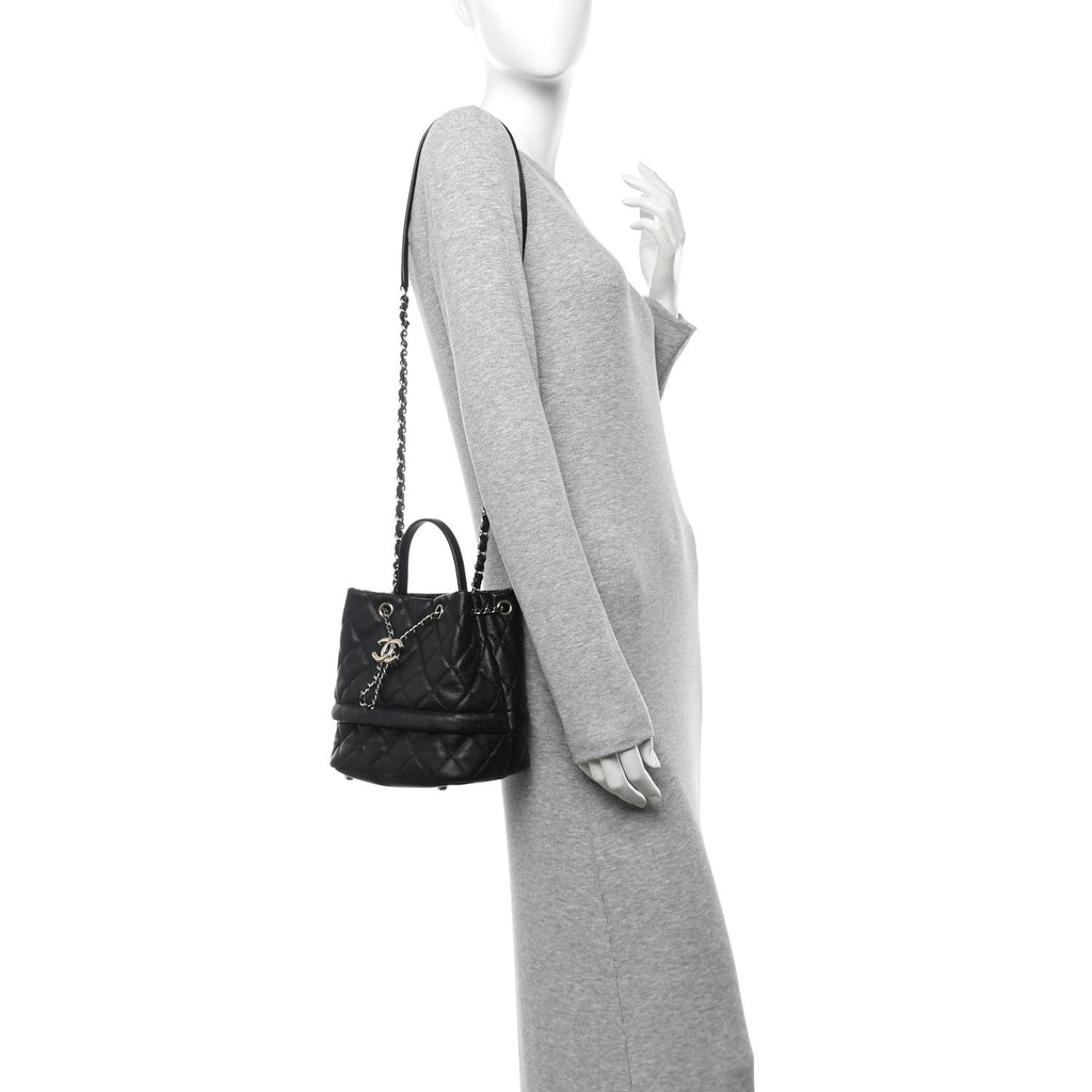 Caviar Quilted Rolled Up Bucket Drawstring Bag Black