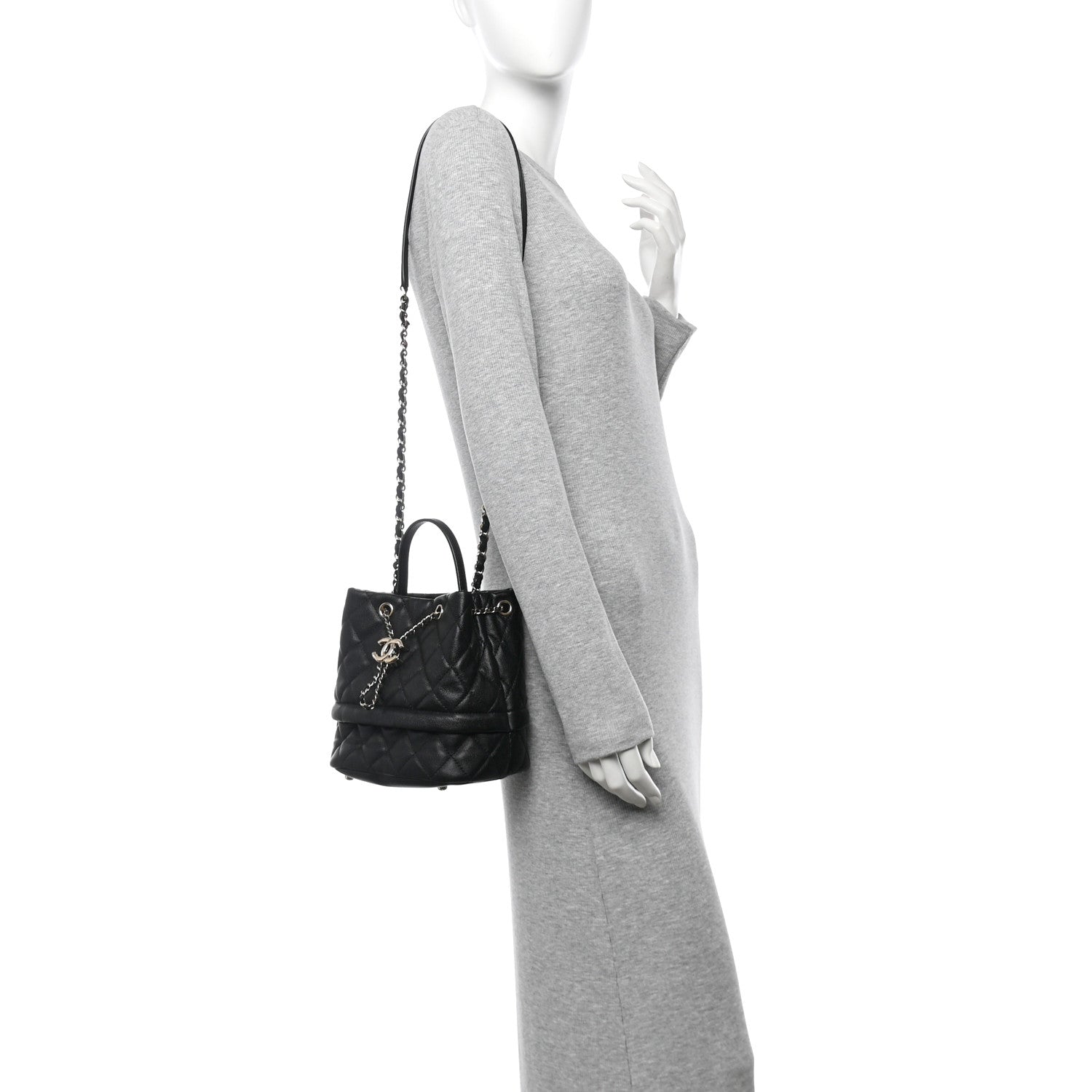 Caviar Quilted Rolled Up Bucket Drawstring Bag Black
