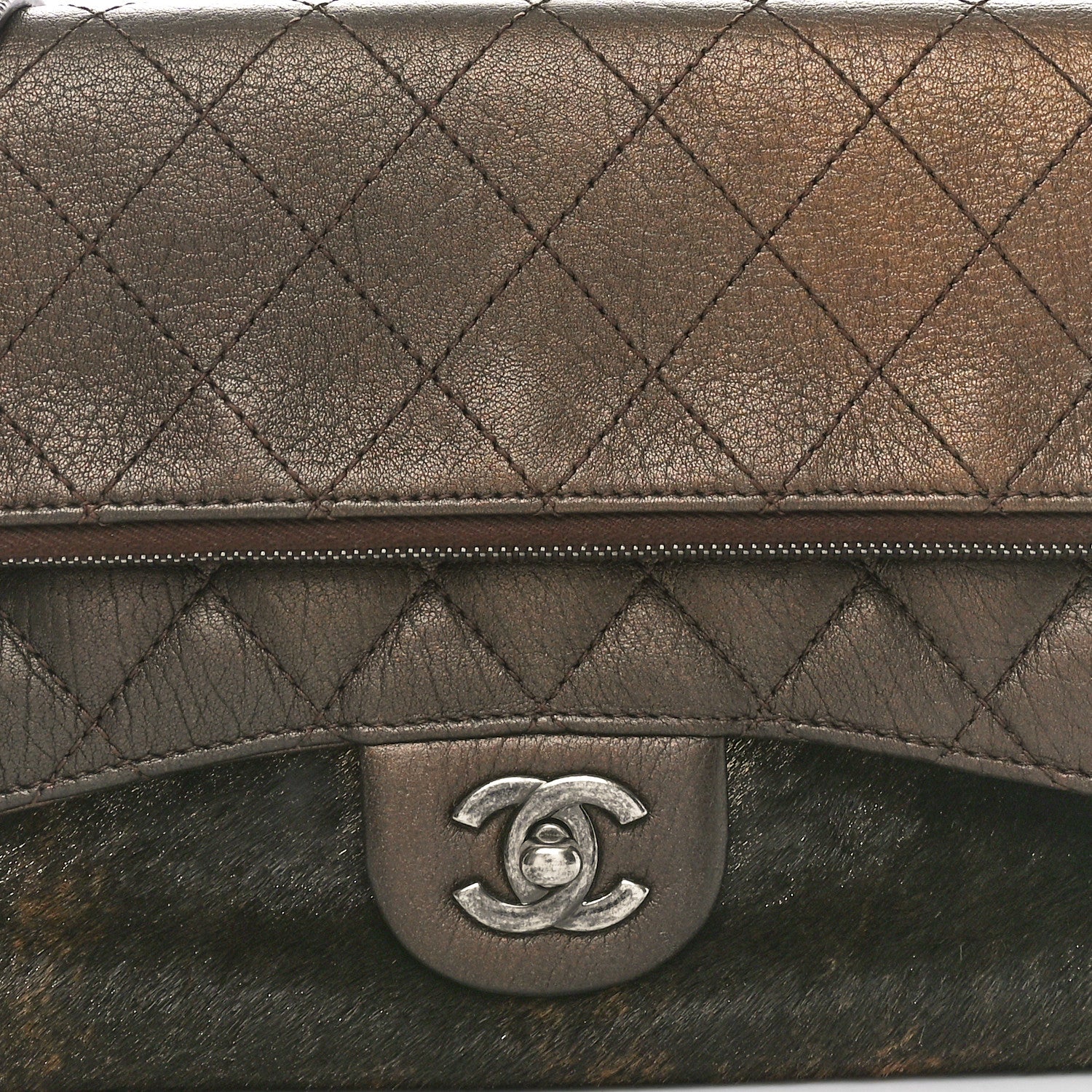 Metallic Lambskin Pony Hair Quilted Multi Bag Bronze