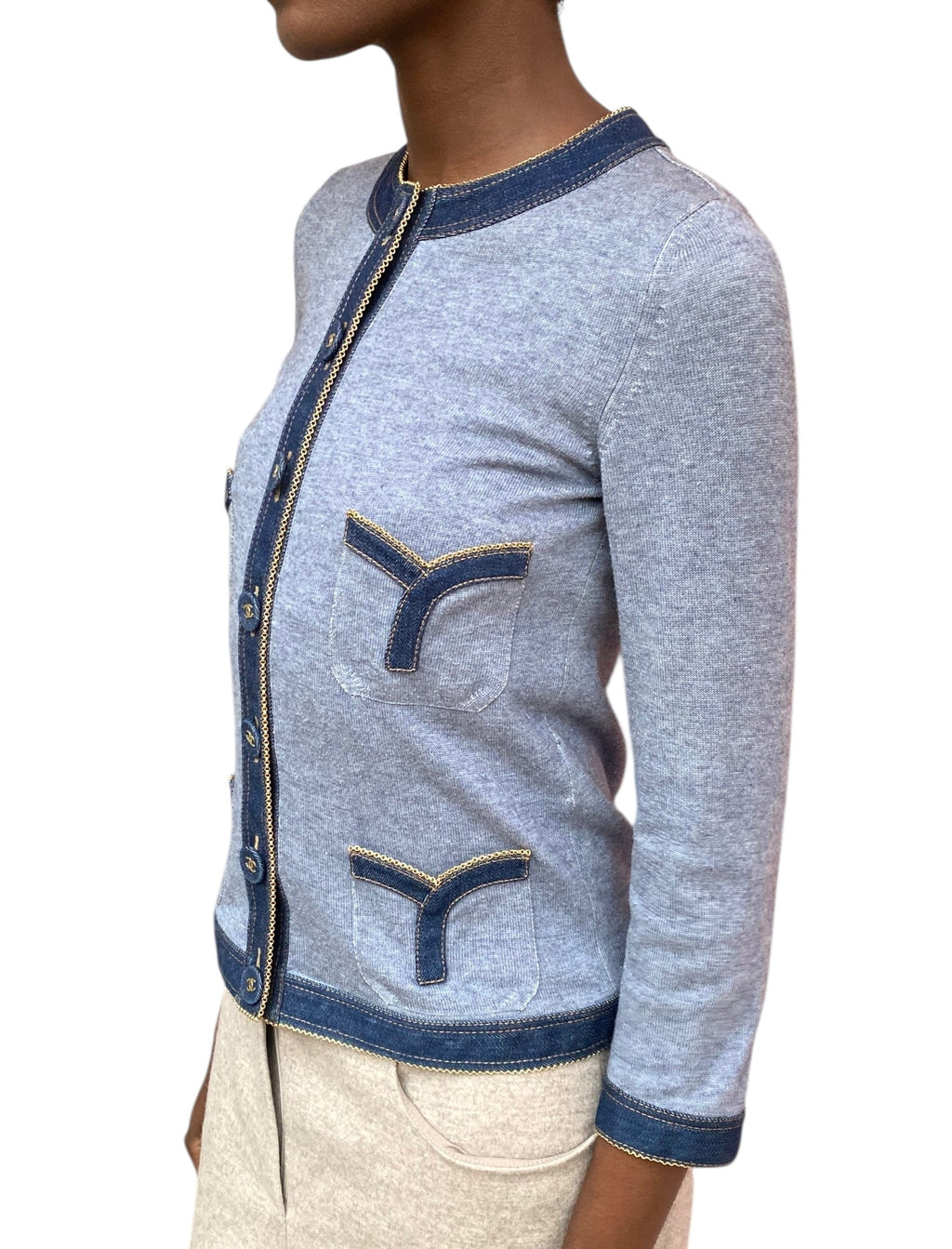 Chanel P07 Blue Denim Trimmed igan - 38 / US 6
