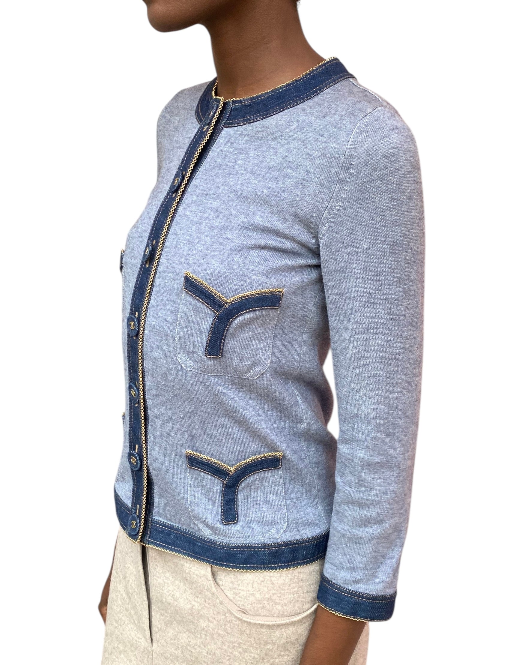 Chanel P07 Blue Denim Trimmed igan - 38 / US 6