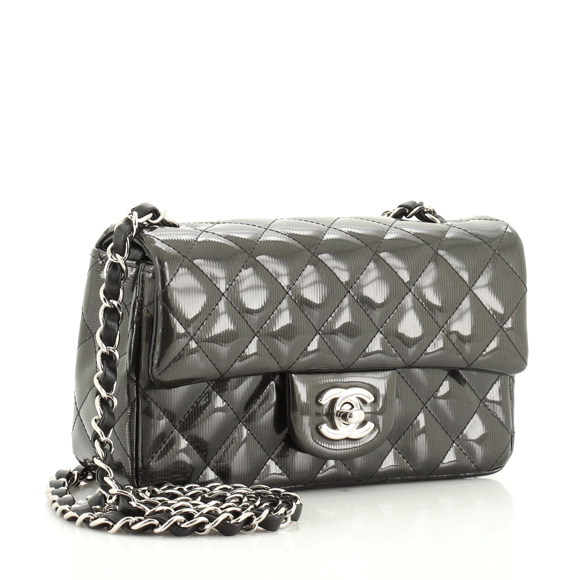 Classic Single Flap Bag Quilted Striated Metallic Patent Mini