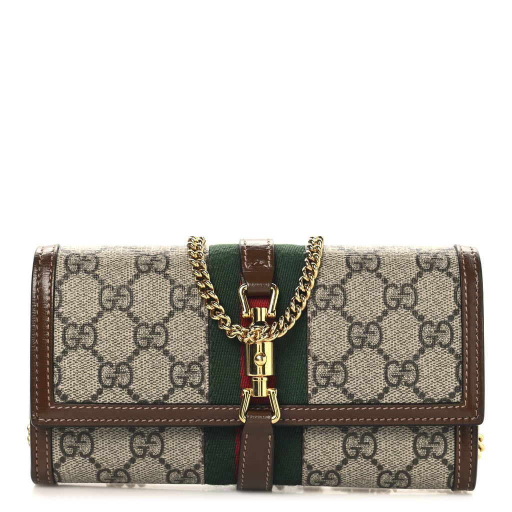 GG Supreme Monogram Azalea Calfskin Web Jackie 1961 Chain Wallet Beige Ebony Brown Sugar