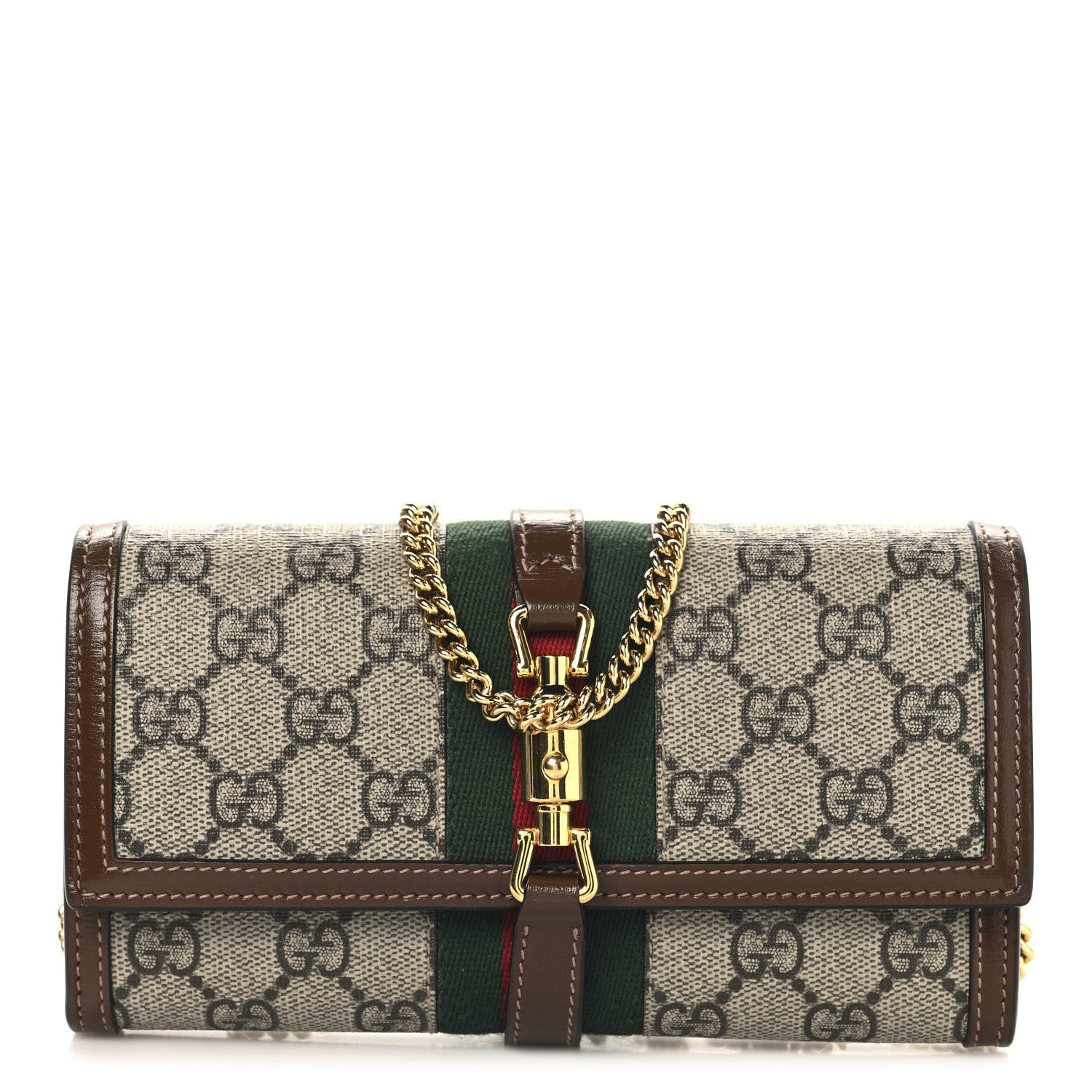 GG Supreme Monogram Azalea Calfskin Web Jackie 1961 Chain Wallet Beige Ebony Brown Sugar