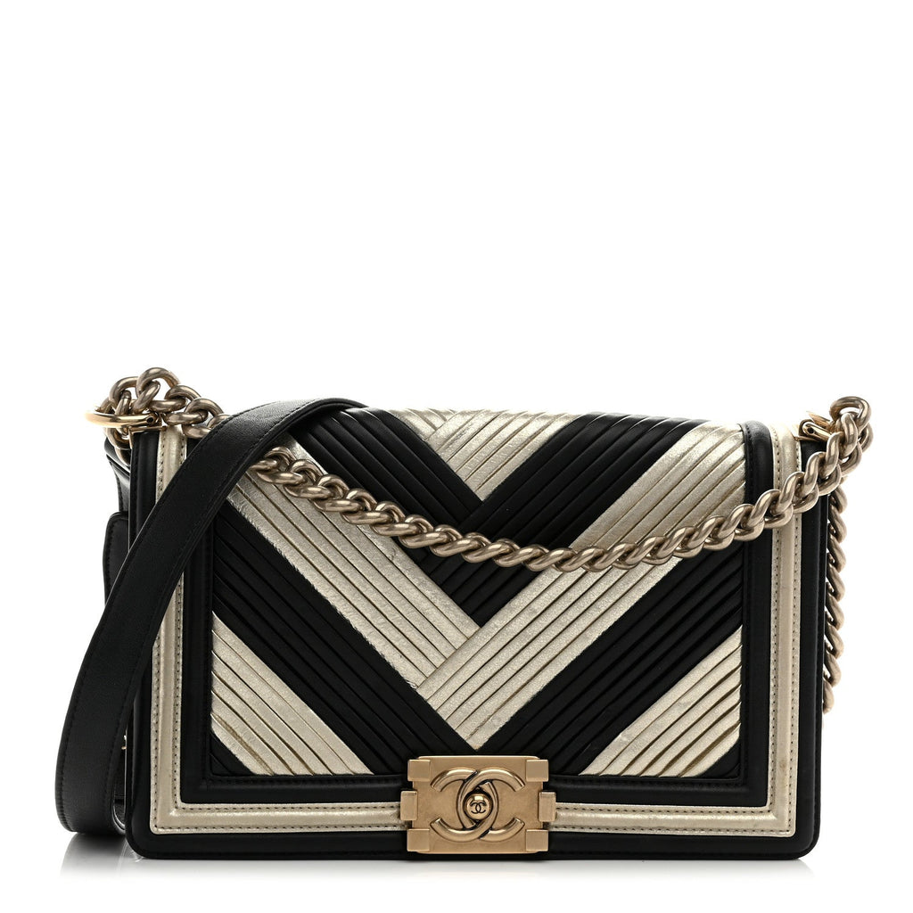 Metallic Calfskin Pleated Medium Boy In Rome Flap Black Gold