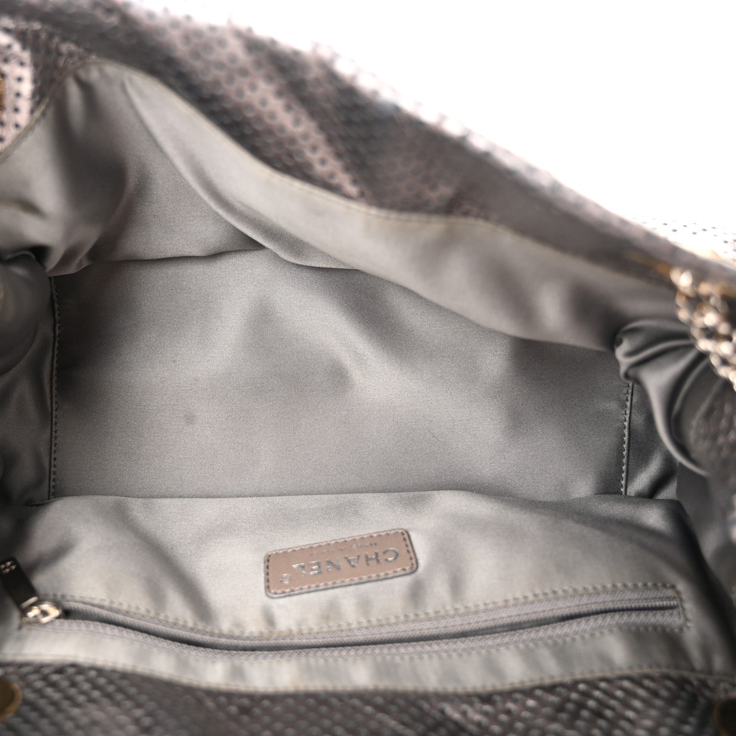 Metallic Crackled Calfskin Perforated Drill Shoulder Bag Silver