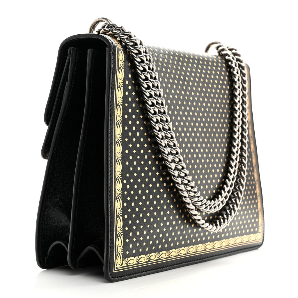 X SEGA Calfskin GUCCY Stars Medium Dionysus Shoulder Bag Black Gold