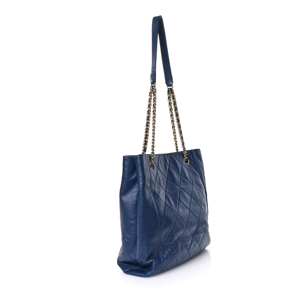 Calfskin Quilted CC Front Pocket Shopping Tote Navy