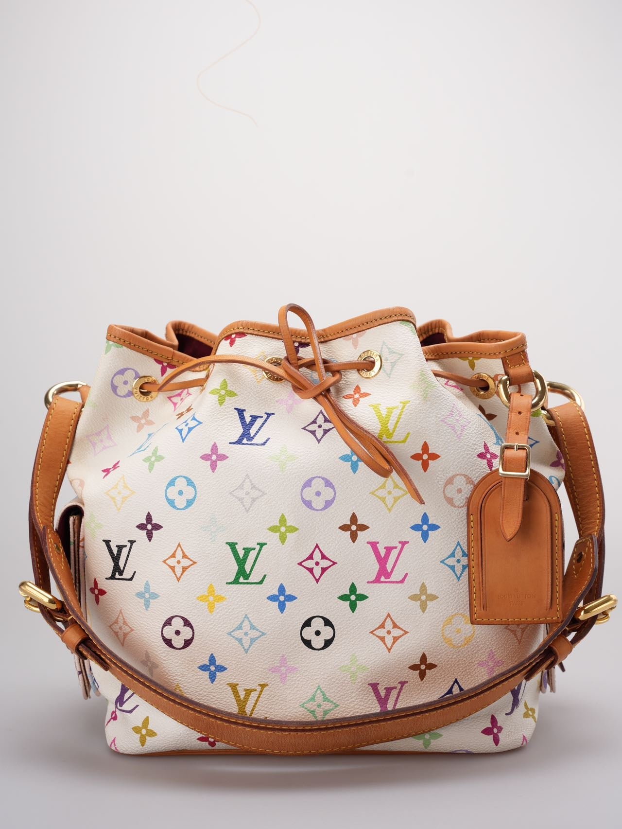 Louis Vuitton Takashi Murakami White Multicolore Monogram Coated Canvas Petit Noe Bag Gold Hardware