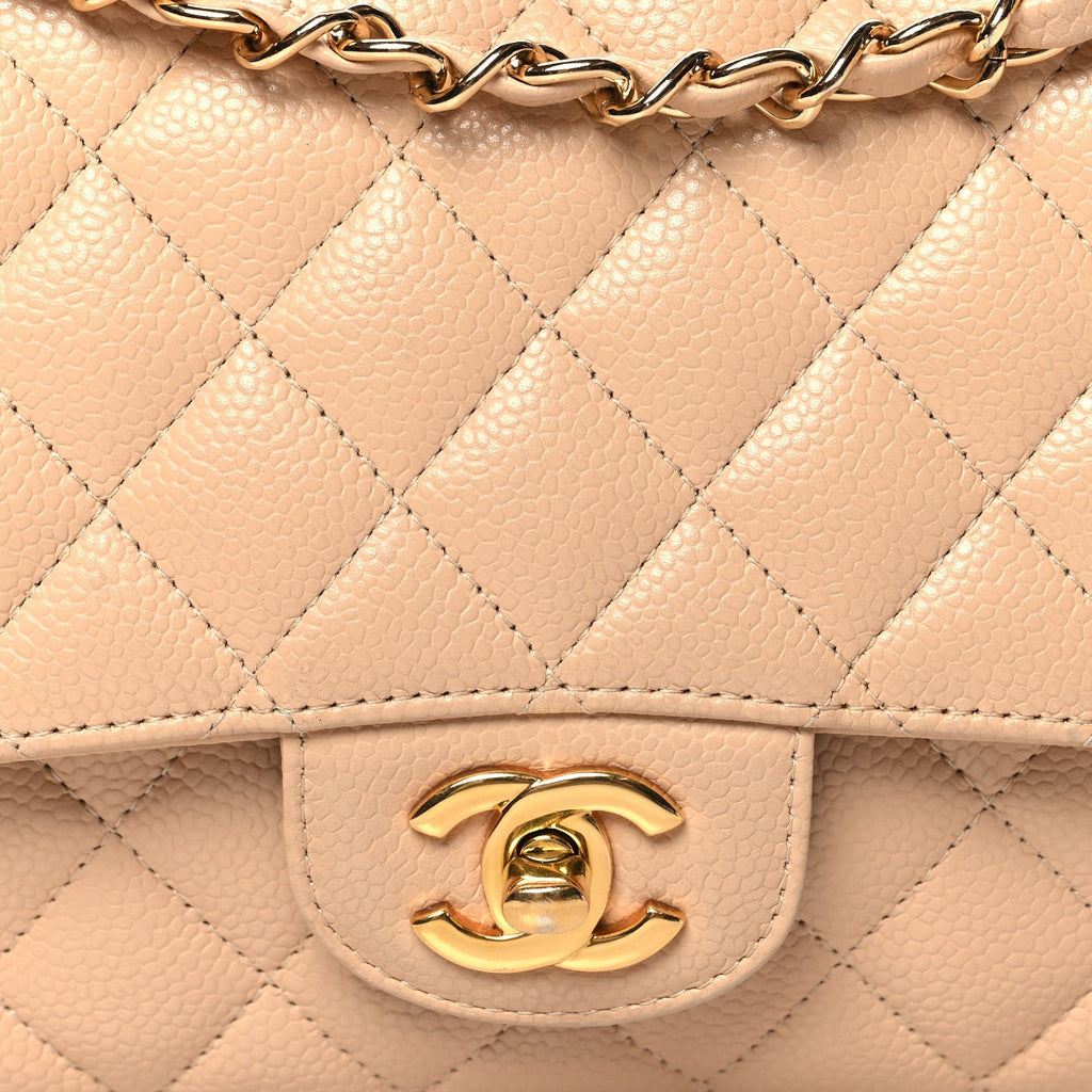 Caviar Quilted Medium Double Flap Beige
