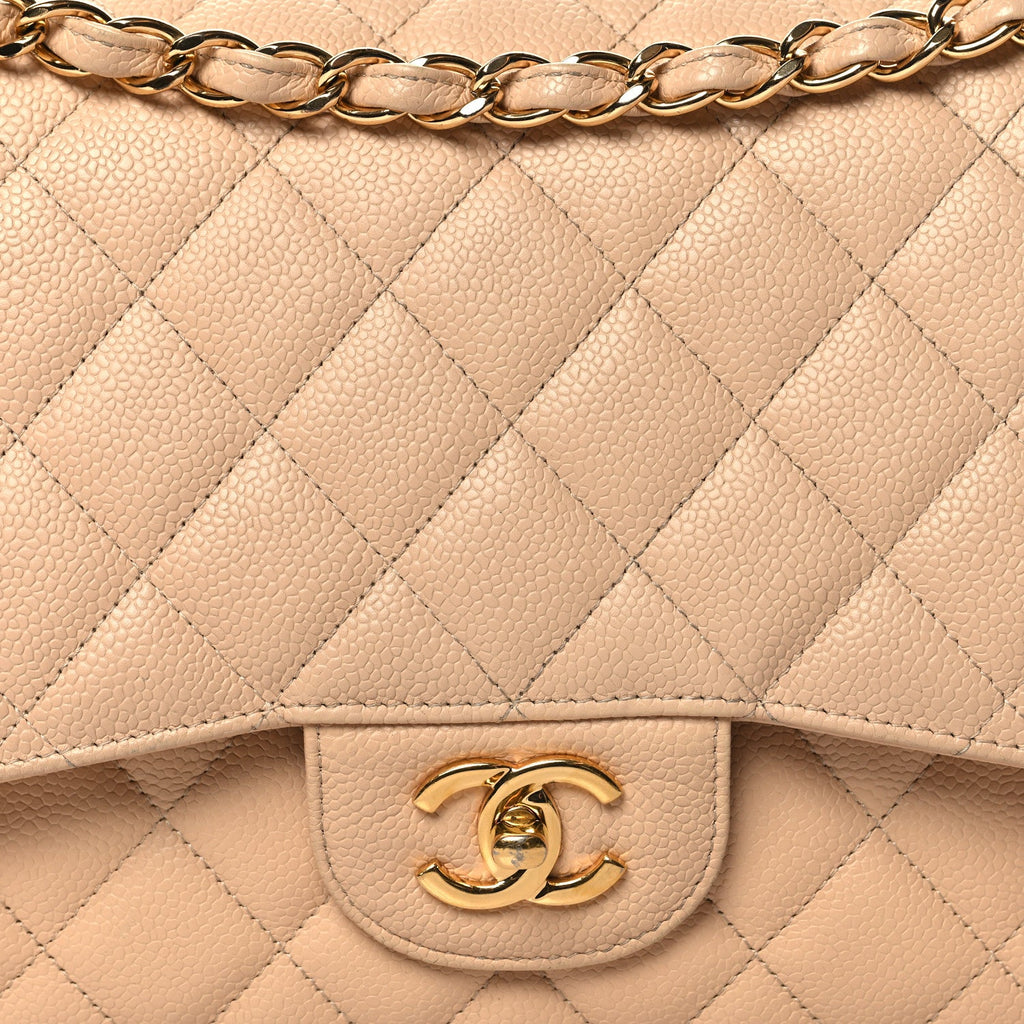 Caviar Quilted Jumbo Double Flap Beige