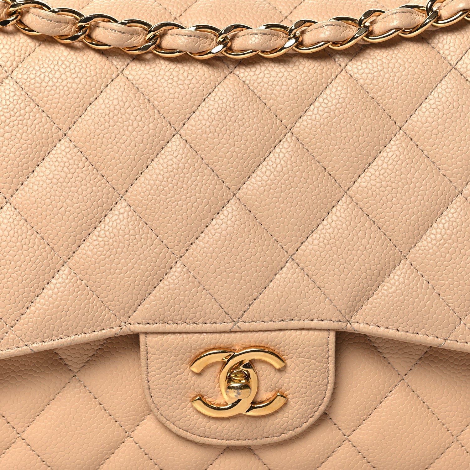Caviar Quilted Jumbo Double Flap Beige