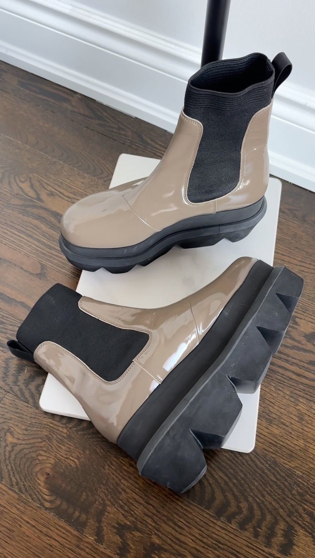 Sacai Taupe Grey Patent Leather Platform Ankle Boots - 7